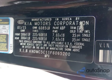 2015 Kia Sedona Sx из США, поврежденный, VIN KNDMC5C11F6065200